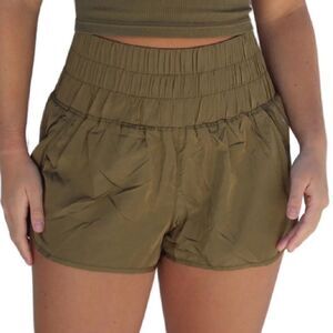 NWOT Free People Way Home Shorts Olive Green Workout High Rise Smocked S Gym